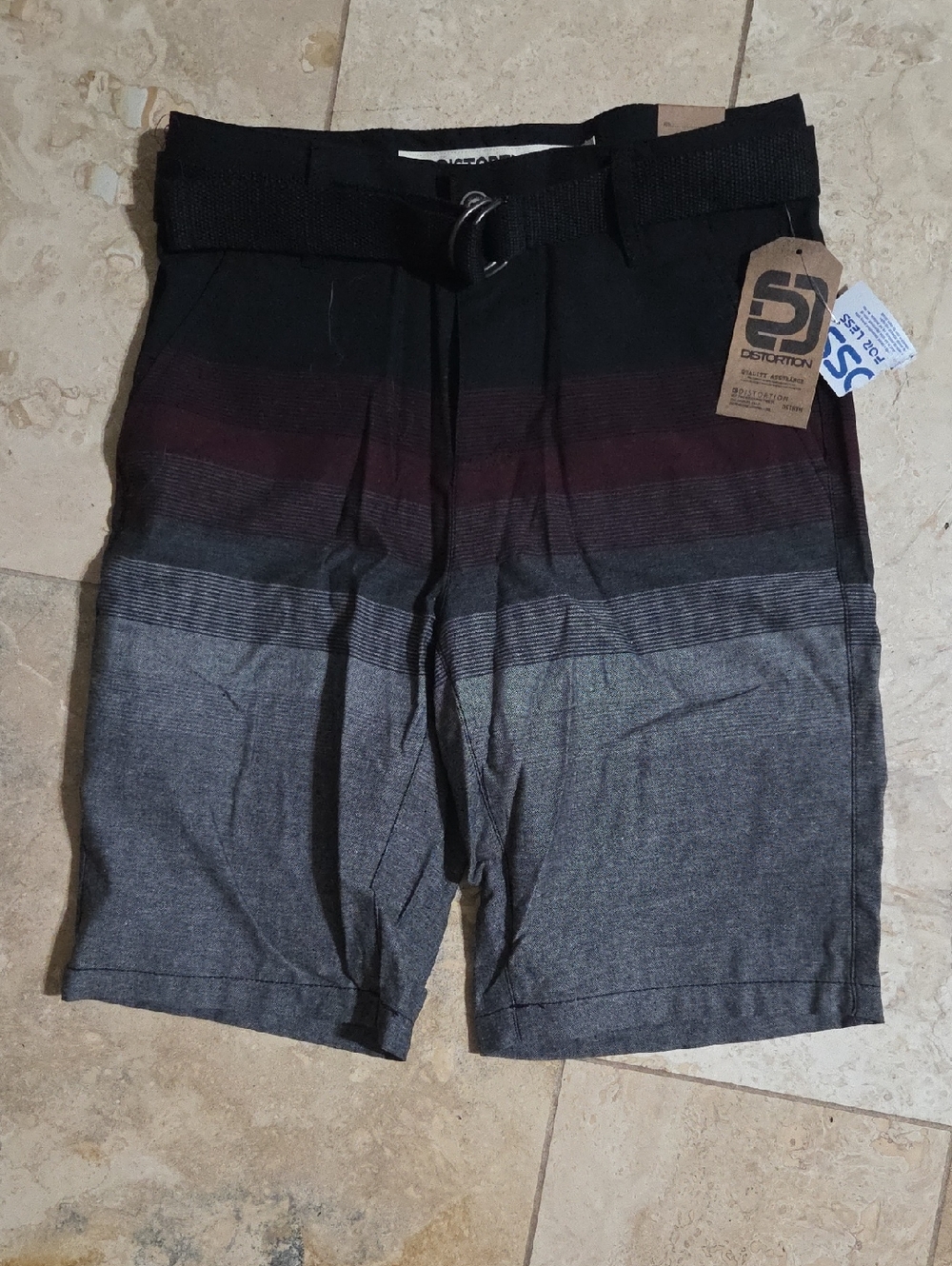 Distortion Boys Size 10 Board Shorts – Black, Burgundy & Gray with Belt – NWT
